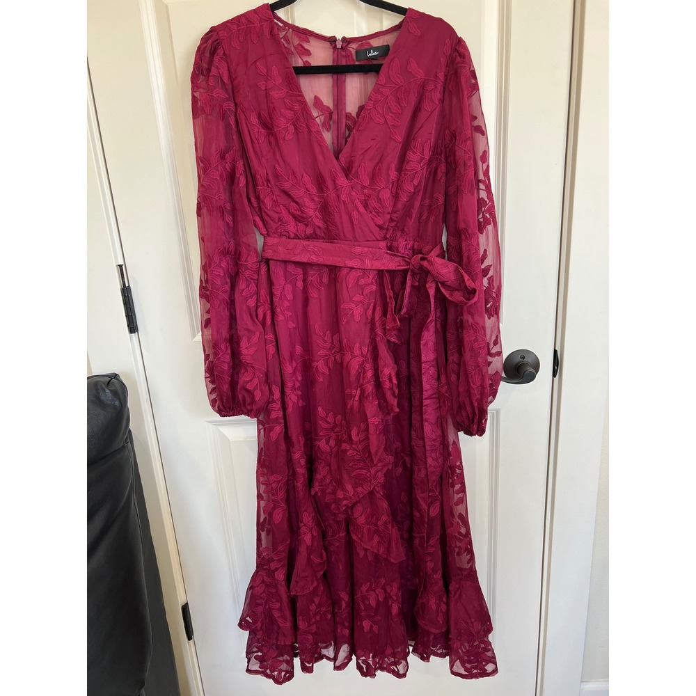 Lulus Spectacular Feeling‎ Burgundy Embroidered Faux Wrap Midi Dress Size XL